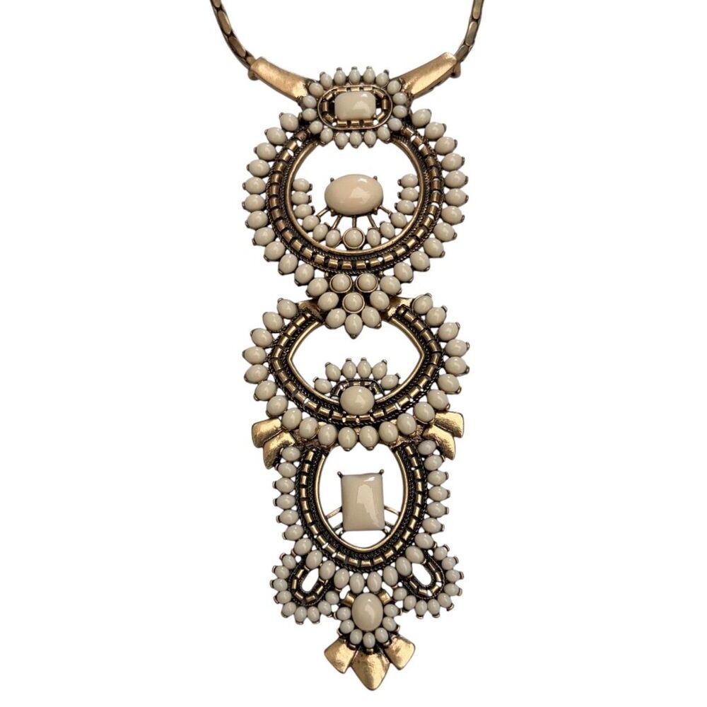 Stella & Dot Havana Boho Pendant Statement Necklace Gold Tone Cream Resin - Picture 8 of 10